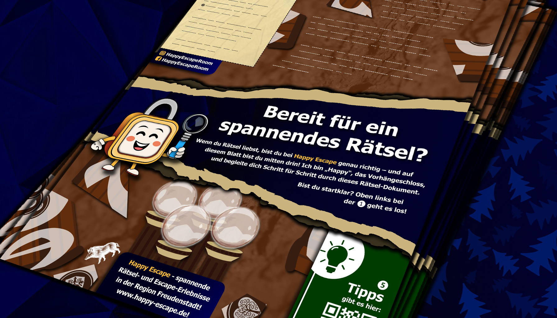 Mehrere Seiten des Escape Papers „Ruf des Hirsches“ liegen übereinander und geben einen Einblick in das rätselhafte Abenteuer.