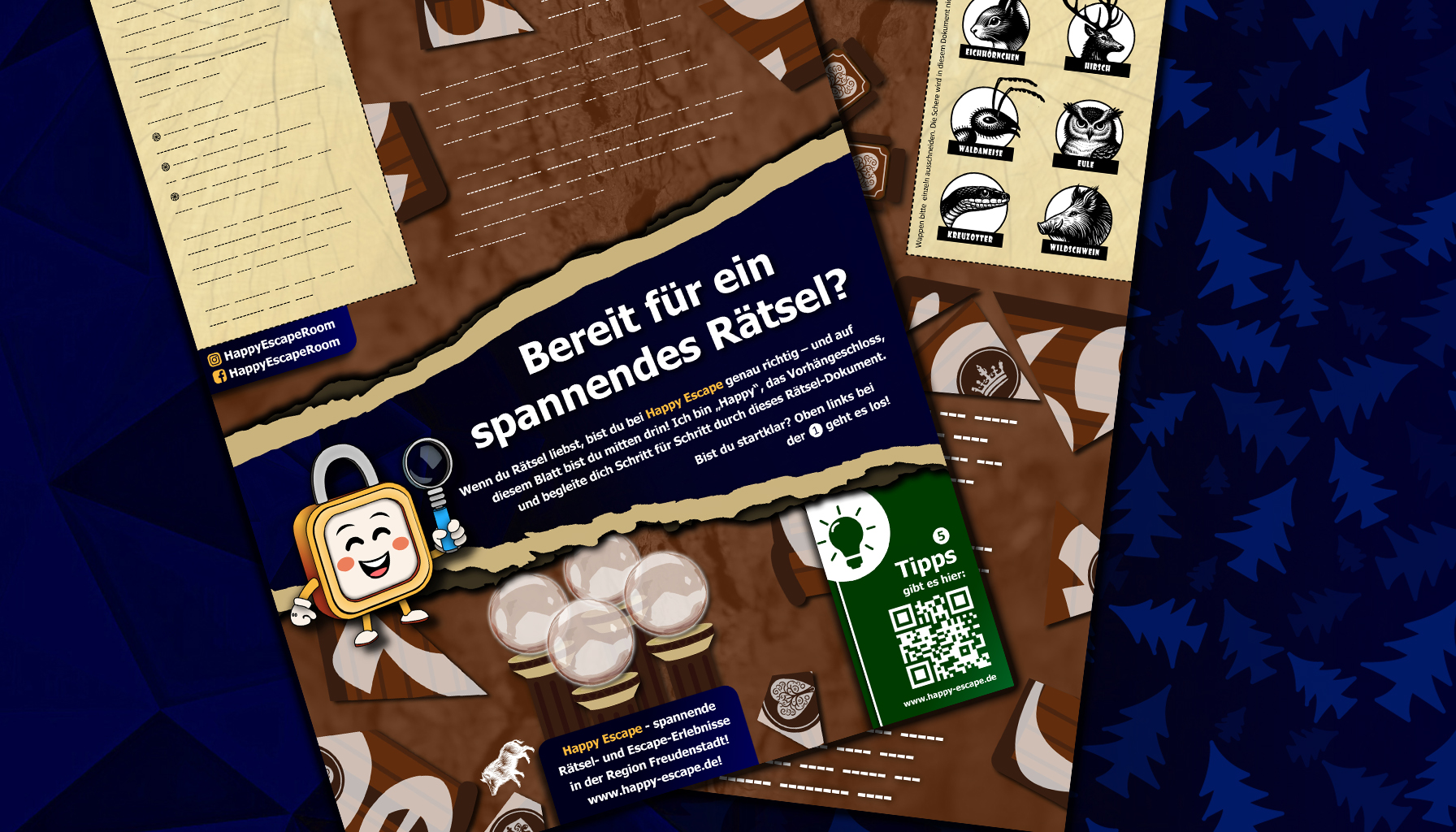 Vorder- und Rückseite des Escape Papers „Ruf des Hirsches“ – ein Blick auf das geheimnisvolle Rätseldokument