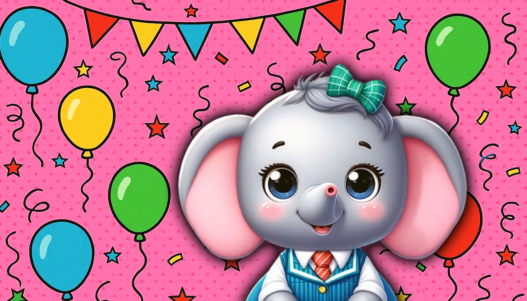 Elefantin Susi steht vor einem rosa Hintergrund, geschmückt mit Luftballons, Luftschlangen und einer Geburtstagsgirlande.