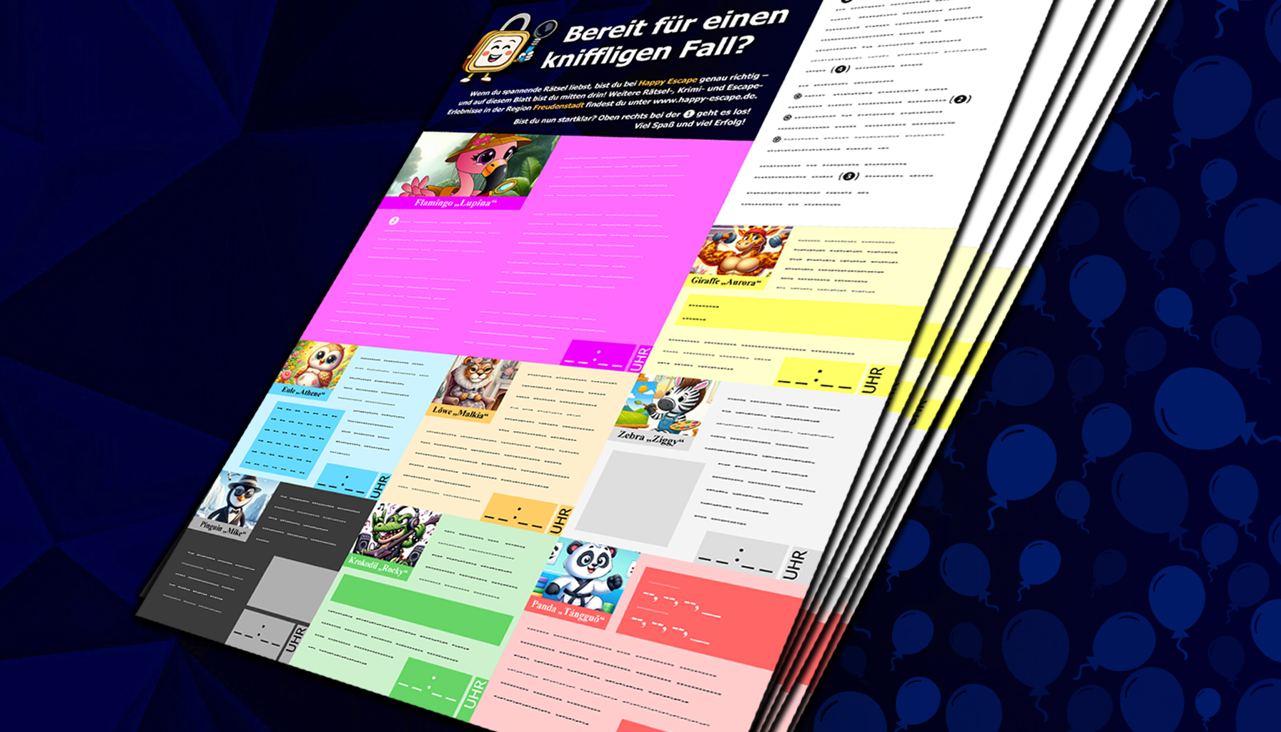 Mehrere Seiten des Escape Papers „Wo steckt Susi“ liegen übereinander und geben einen Einblick in das rätselhafte Abenteuer.